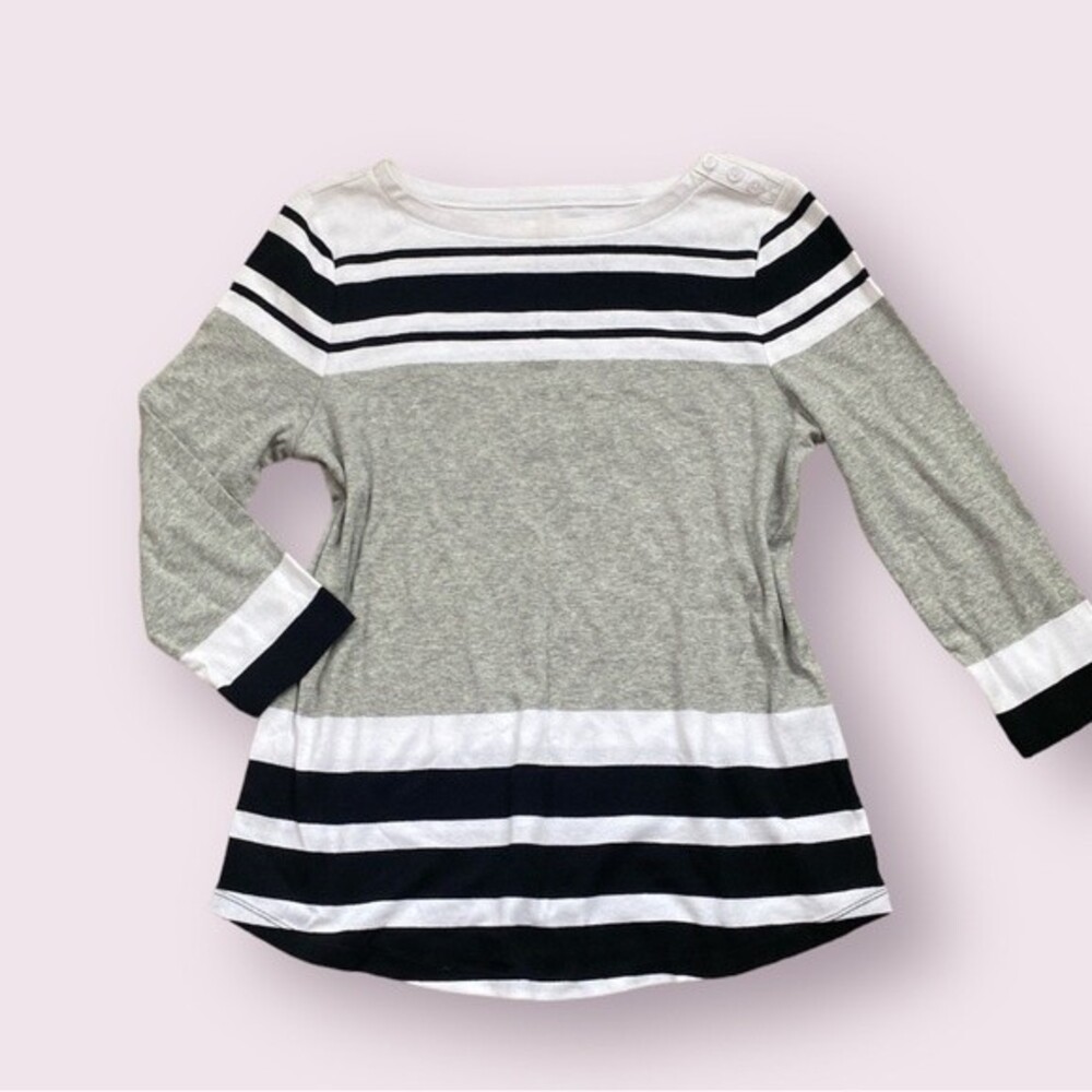 Charter Club Black white Gray Striped 3/4 Sleeve Pima Cotton Knit Top Stretch M